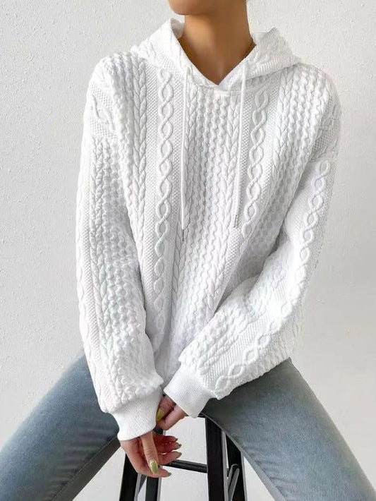 Knit Cable Long Trendy Sleeve Drawstring Hoody