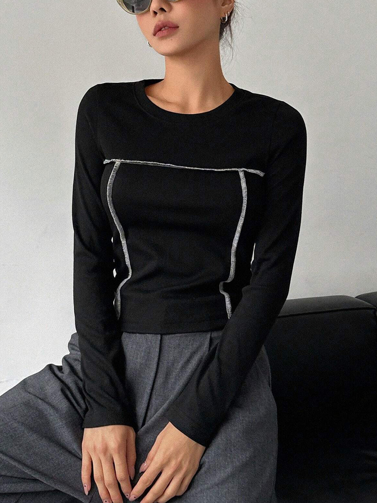 Contrast Trim Crew Trendy Neck Long Sleeve Shirt T Shirts