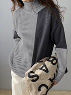 Two Tone Colorblock High Modern Neck Ribbed Knit Sweater Sweaters L