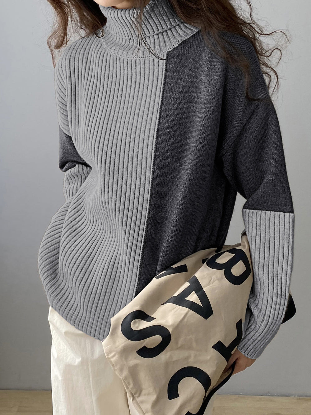 Two Tone Colorblock High Modern Neck Ribbed Knit Sweater Sweaters L