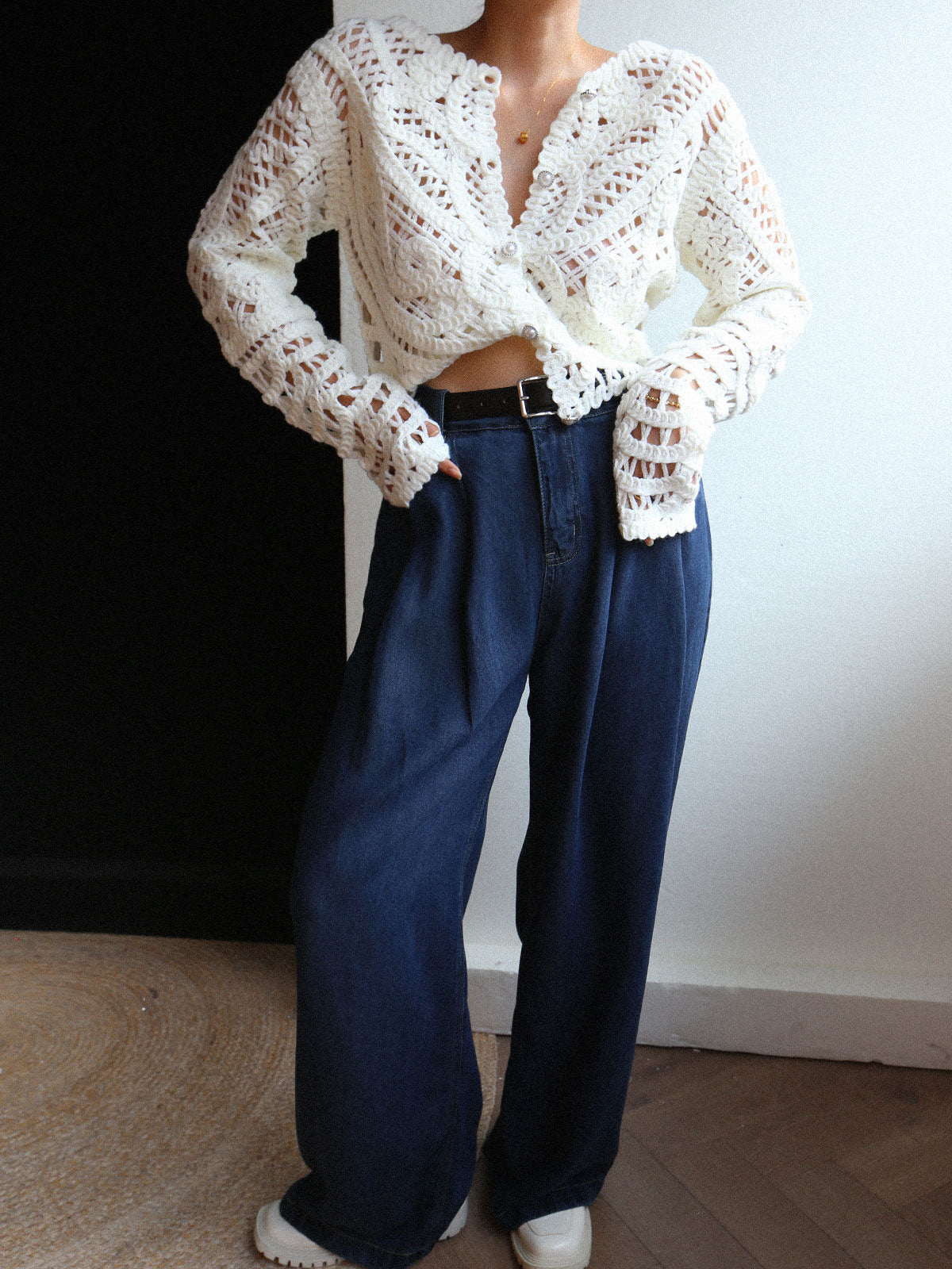 Crocheted Hollow Graceful Beaded Button Cardigan Sweaters L