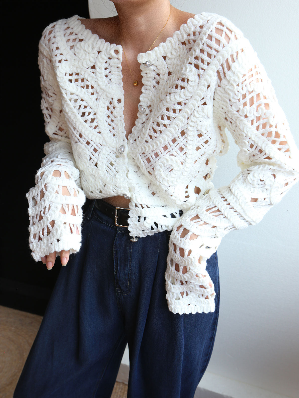 Crocheted Hollow Graceful Beaded Button Cardigan White / S Sweaters L Main image