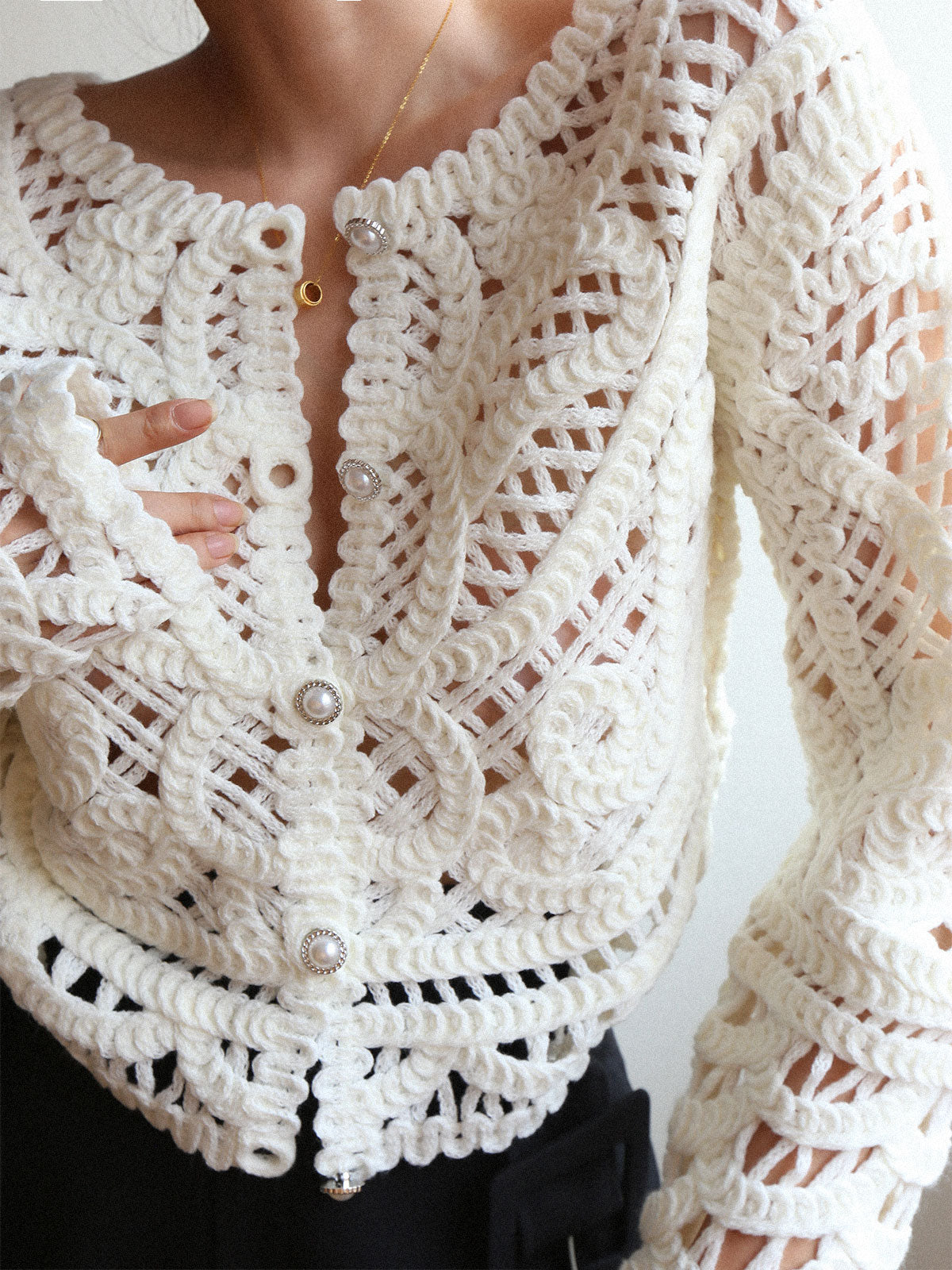 Crocheted Hollow Graceful Beaded Button Cardigan