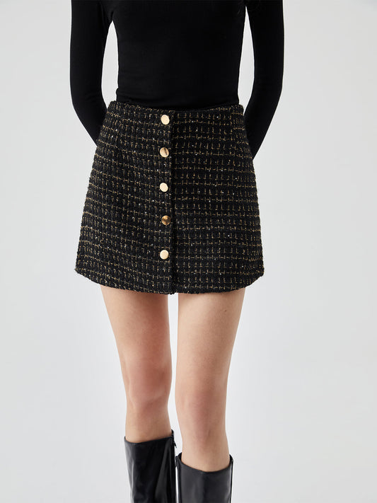 Sequined Zip-back Graceful Buttoned Mini Skirt