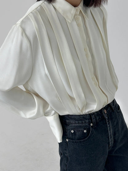 Satin Pleated Graceful Button-Down Shirt