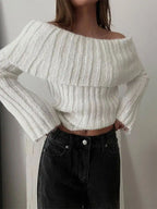 Ribbed Knit Overfold Trendy Off Shoulder Knit Top Sweaters L