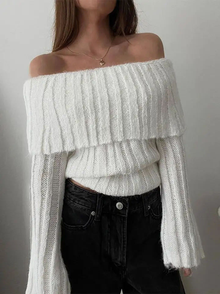 Ribbed Knit Overfold Trendy Off Shoulder Knit Top White / S Sweaters L