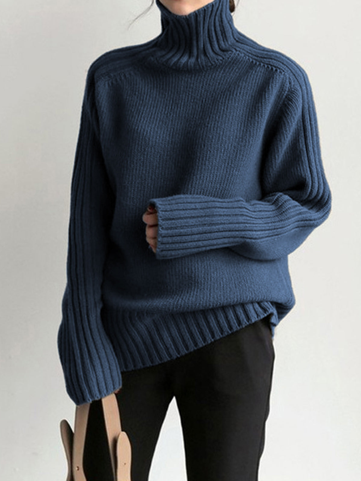 Solid High Graceful Neck Knit Sweater Navy / XS Sweaters L Main image
