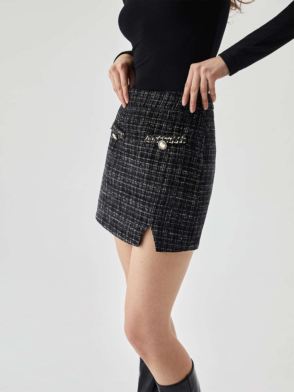 Tweed Button Detail Trendy Split Mini Skirt