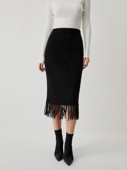 Middle Waist Ribbed Trendy Knit Tassel Midi Skirt