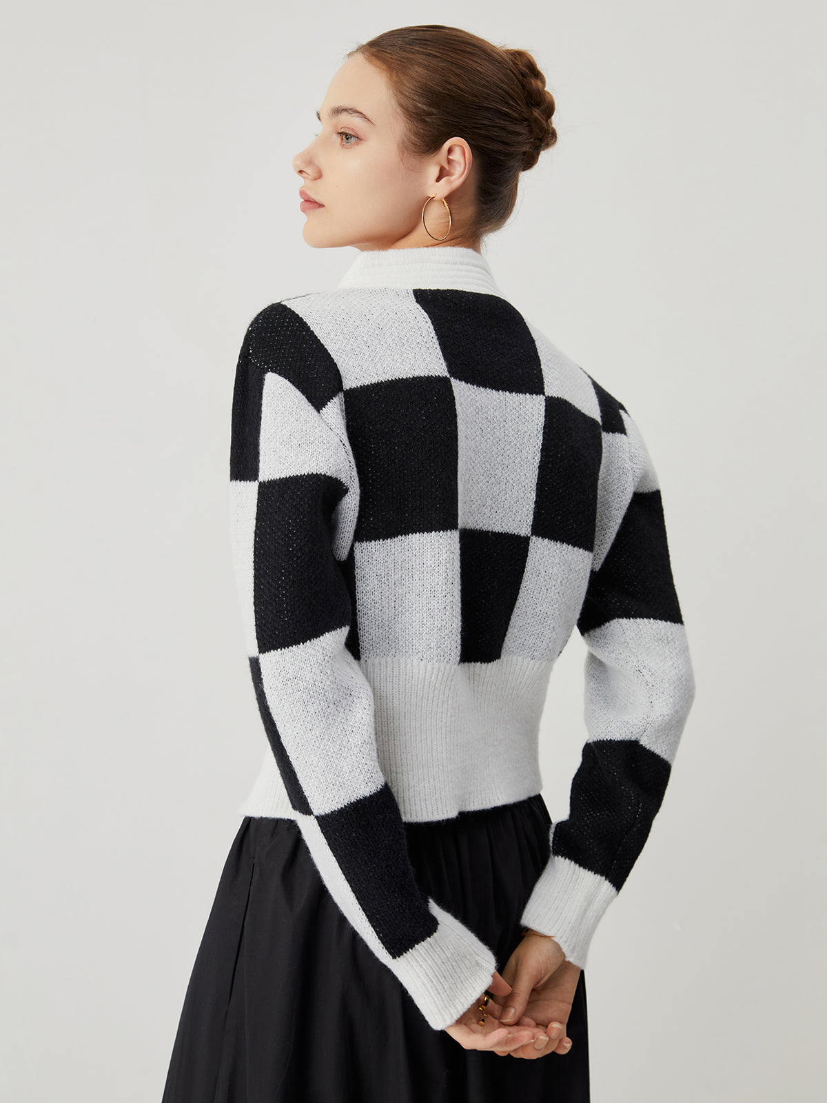 Knit Colorblock Graceful Checkered Zippered Cardigan