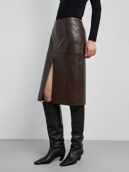 Faux Leather Midi Trendy Waist Split Midi Skirt