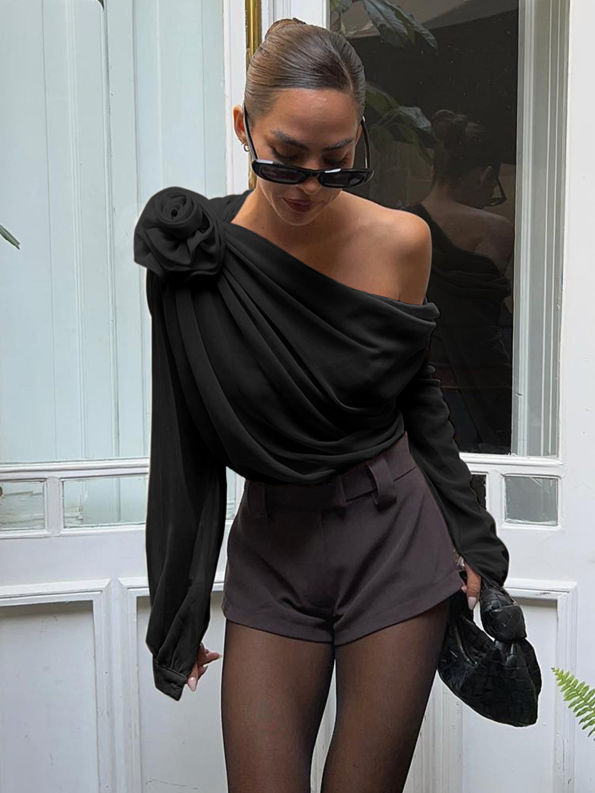 Chiffon Semi sheer One Trendy Shoulder Asymmetrical Top Black / XS Shirts