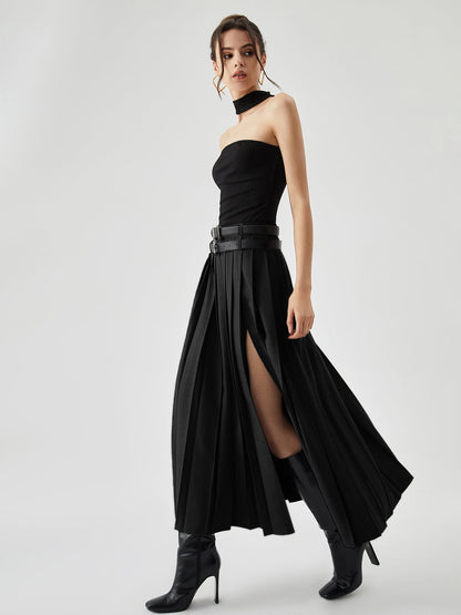 Pleated Split Maxi Trendy Skirt Without Belt