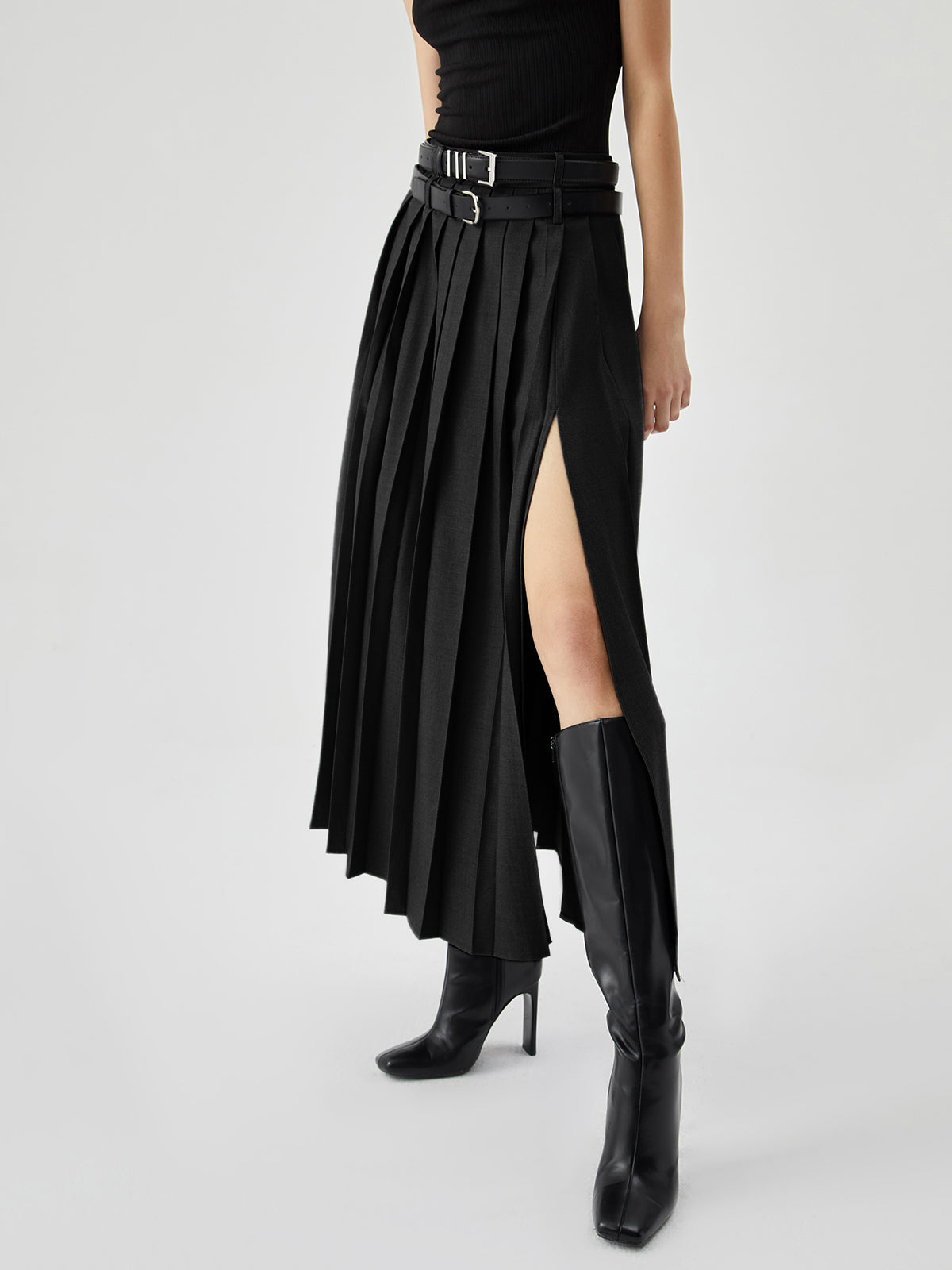 Pleated Split Maxi Trendy Skirt Without Belt