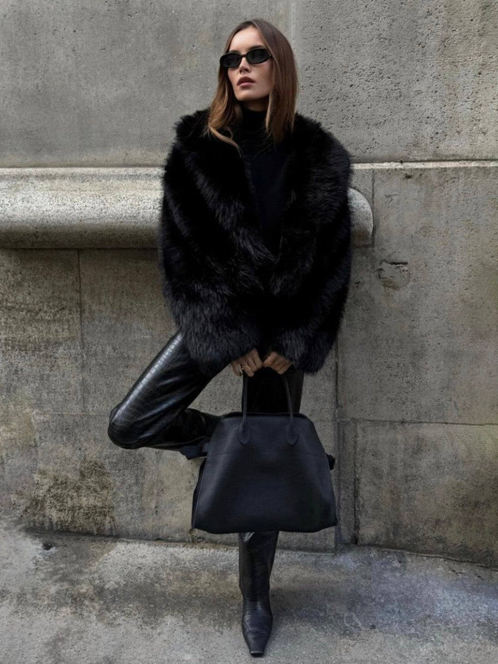 Solid Faux Graceful Fur Collar Jacket Women Faux Fur Coats