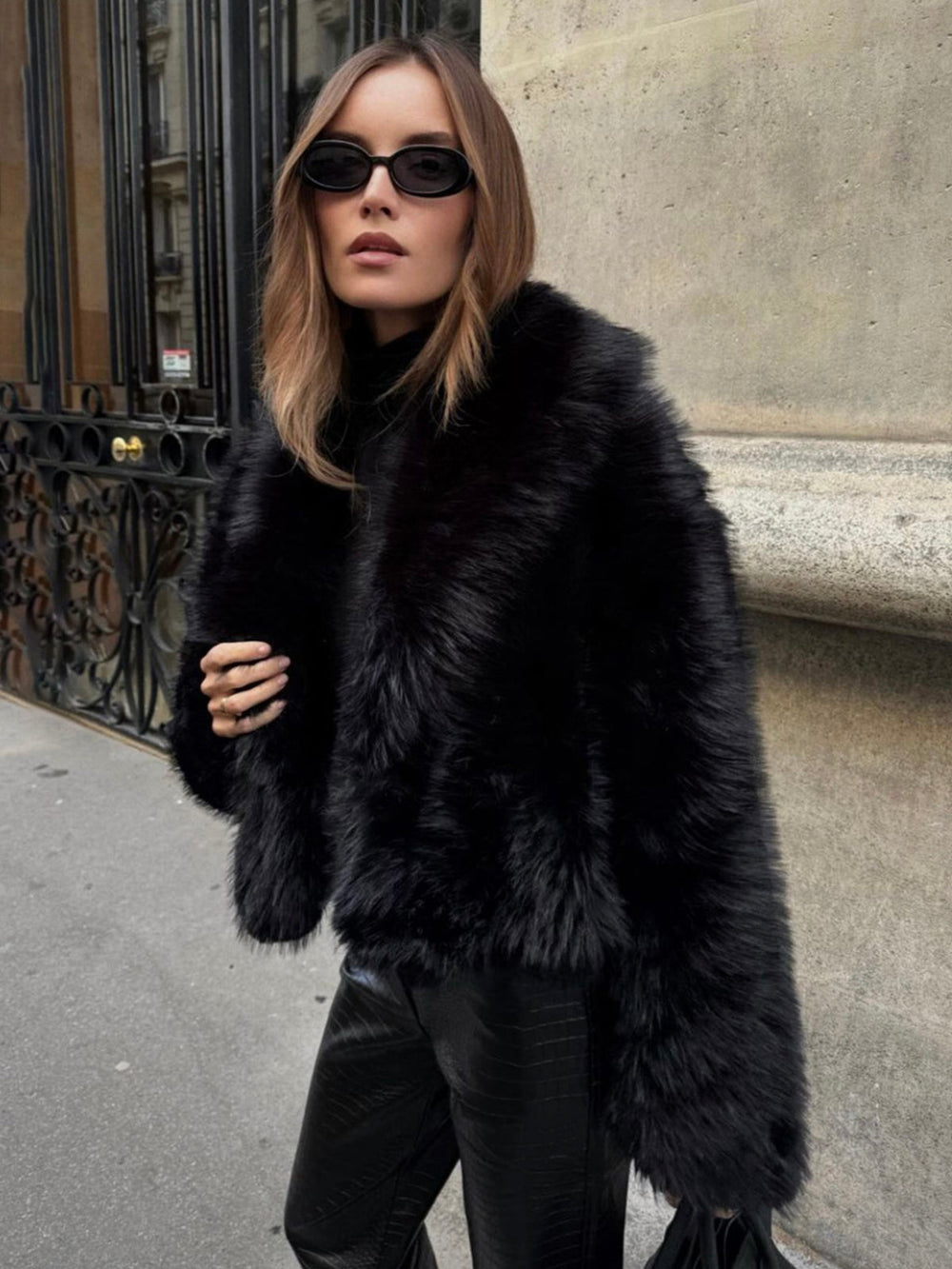 Solid Faux Graceful Fur Collar Jacket Black / XS Women Faux Fur Coats