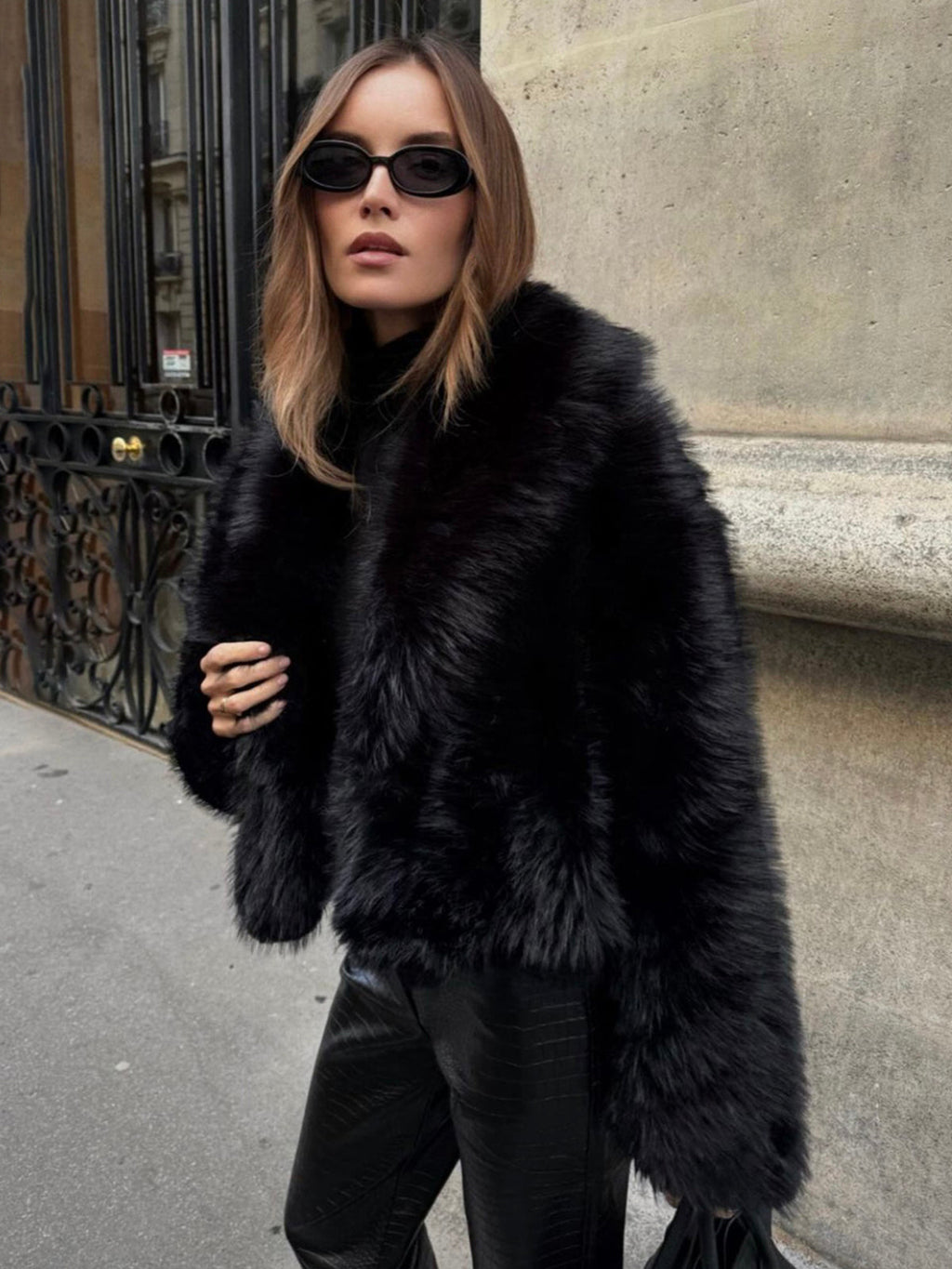 Solid Faux Graceful Fur Collar Jacket Black / XS Women Faux Fur Coats