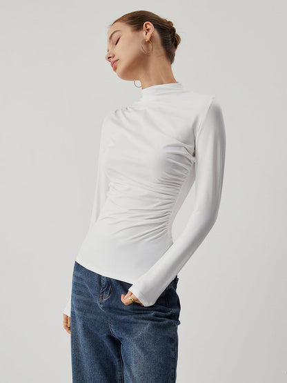 Solid Long Sleeve Trendy Mock Neck Ruched Top