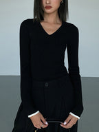 Slinky V neck Collar Trendy Ribbed Knit Top Sweaters L