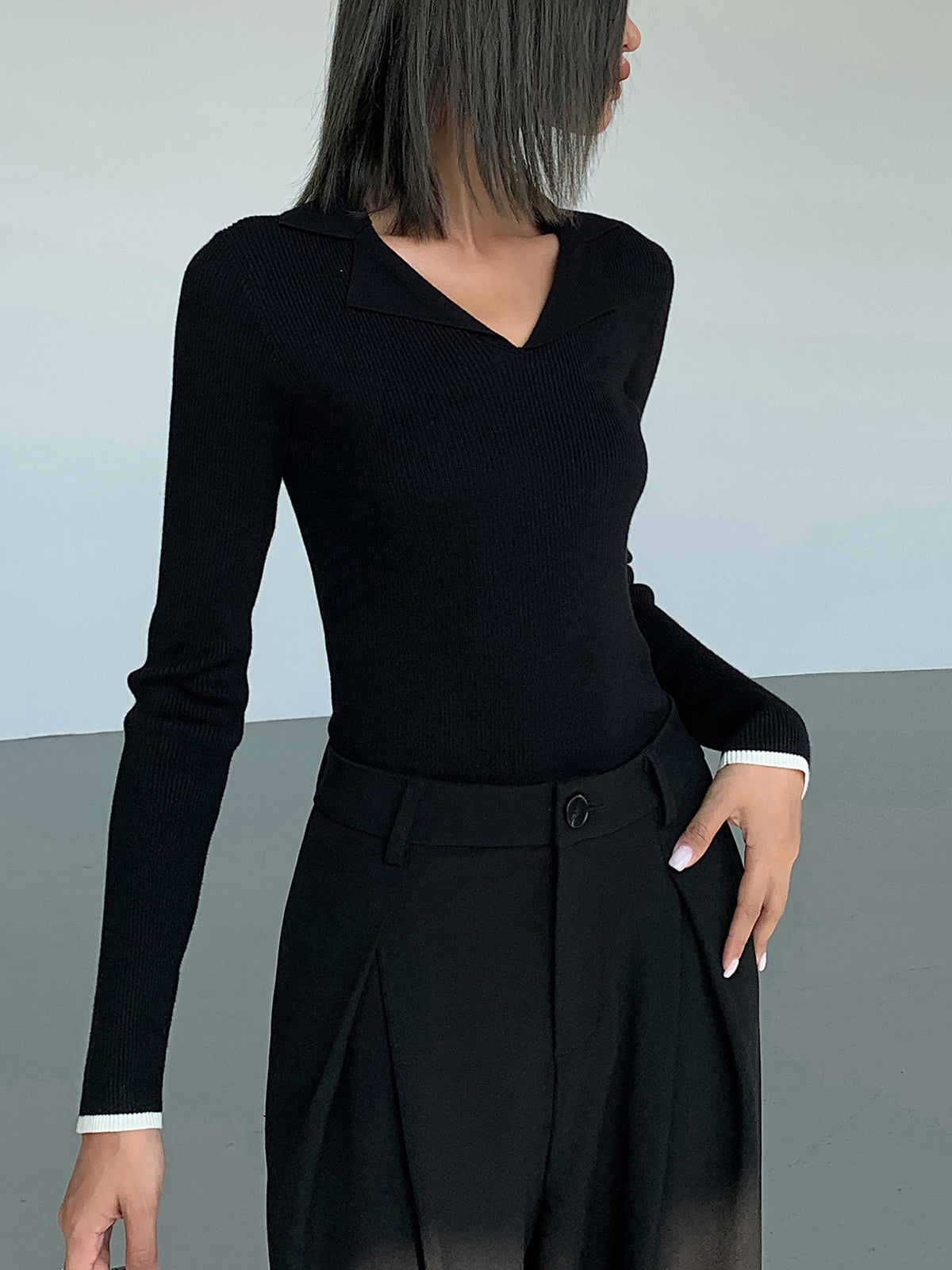 Slinky V neck Collar Trendy Ribbed Knit Top Sweaters L