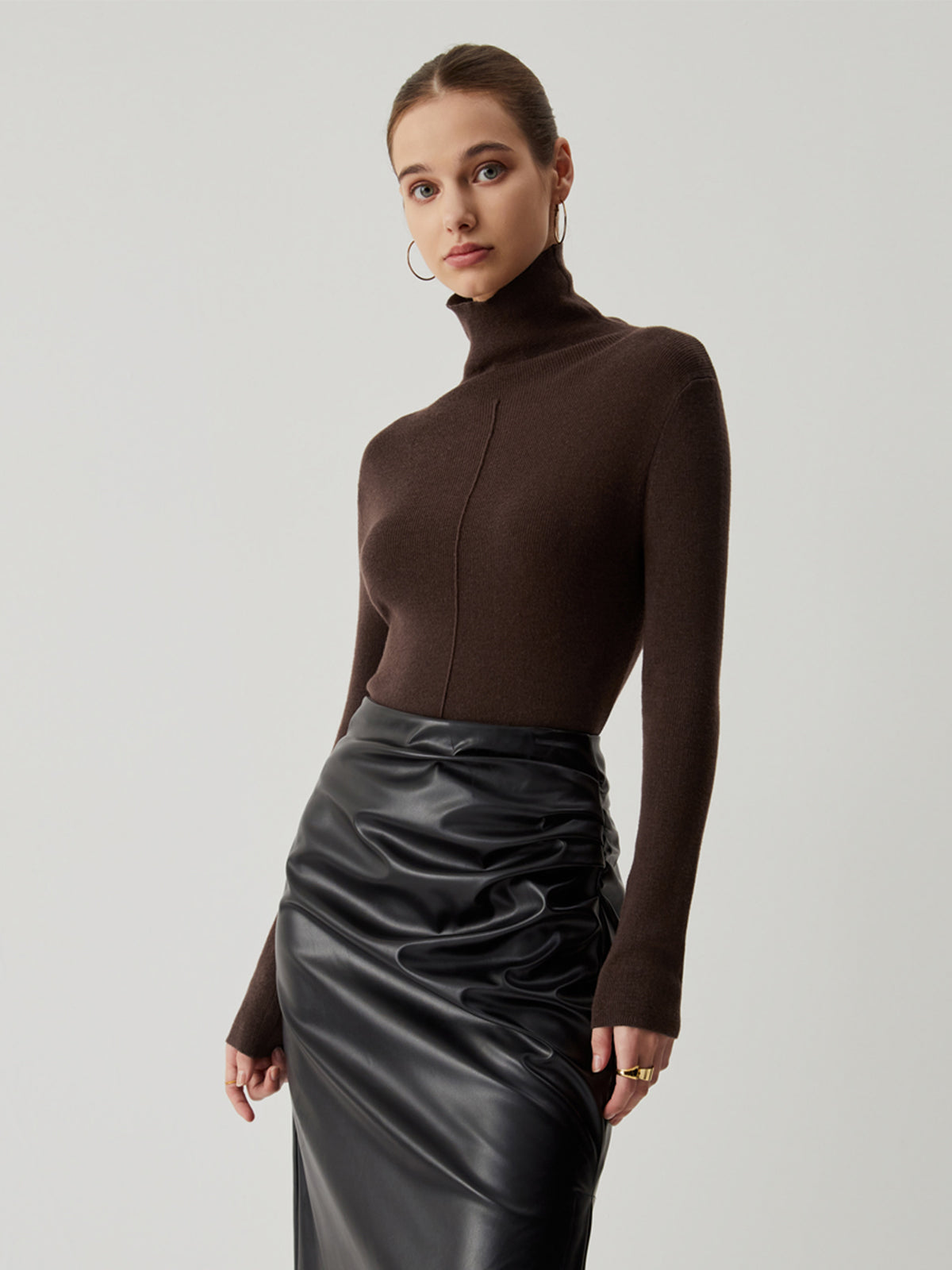 Solid Turtleneck Long Trendy Sleeve Knit Top Light Brown / S Sweaters L Main image