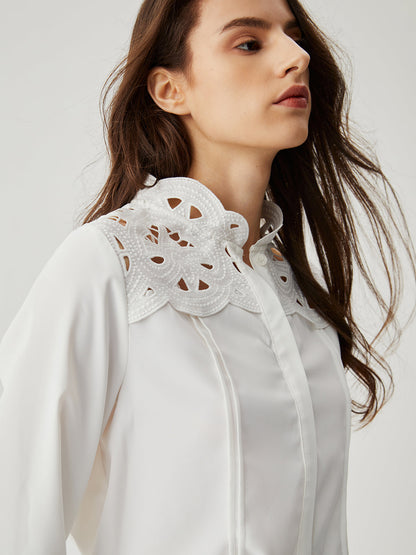 Floral Trim Cut Trendy Out Long Sleeve Shirt