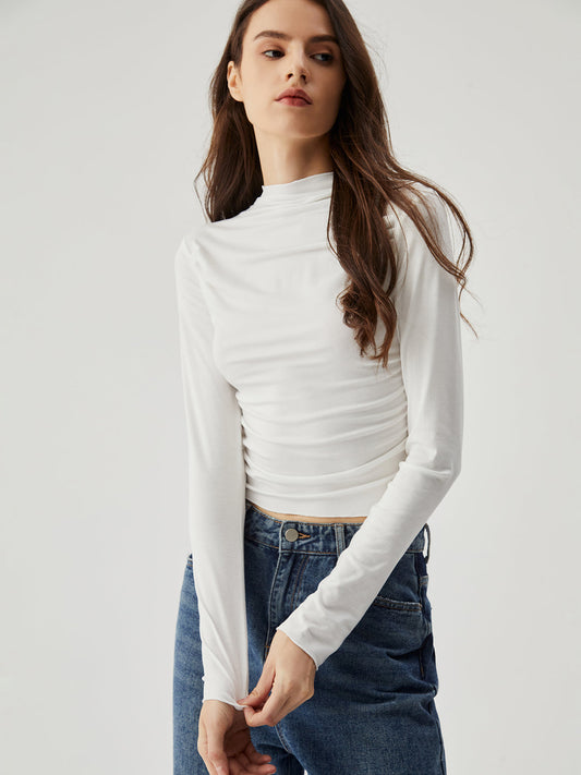 Semi-sheer Ruched Mock Neck Modern Long Sleeve Crop Top