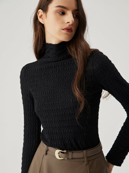 Ruffled Neck Solid Trendy Long Sleeve Top