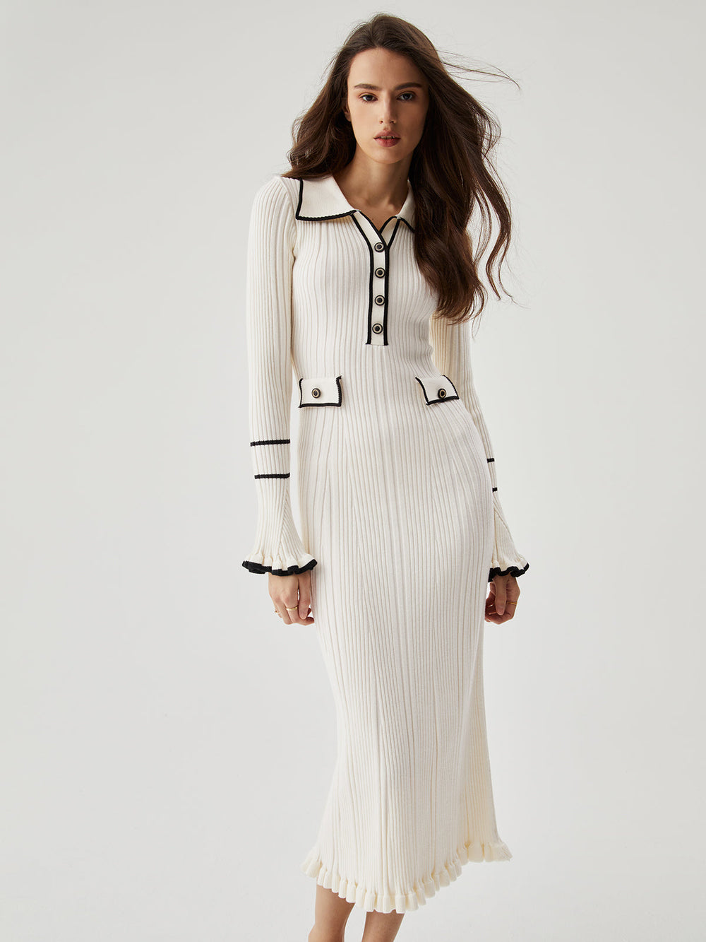 Ruffled Trim Contrast Binding Modern Button up Collar Midi Sweater Dress Off White / XS Sweaters L