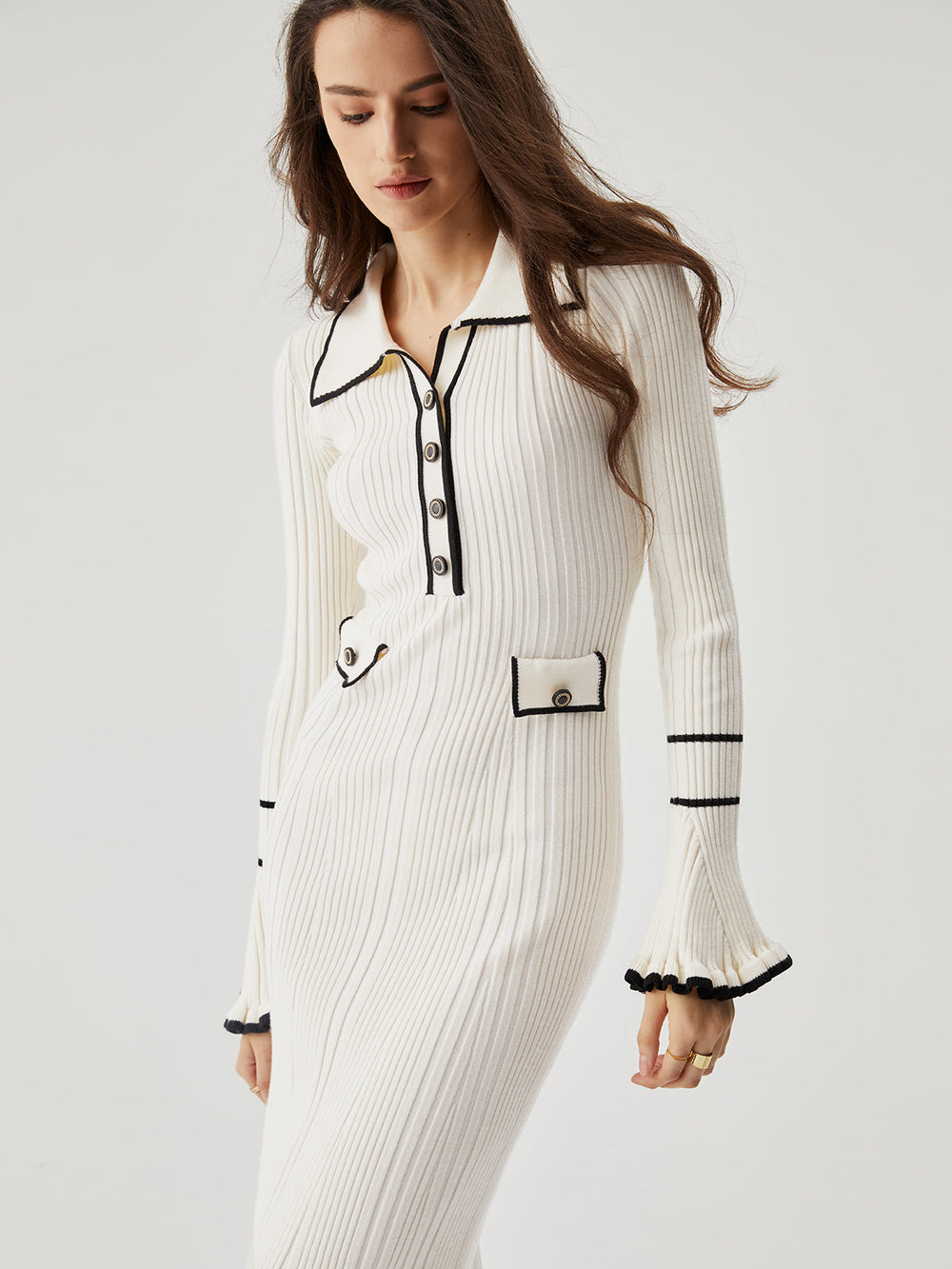 Ruffled Trim Contrast Binding Modern Button up Collar Midi Sweater Dress Sweaters L