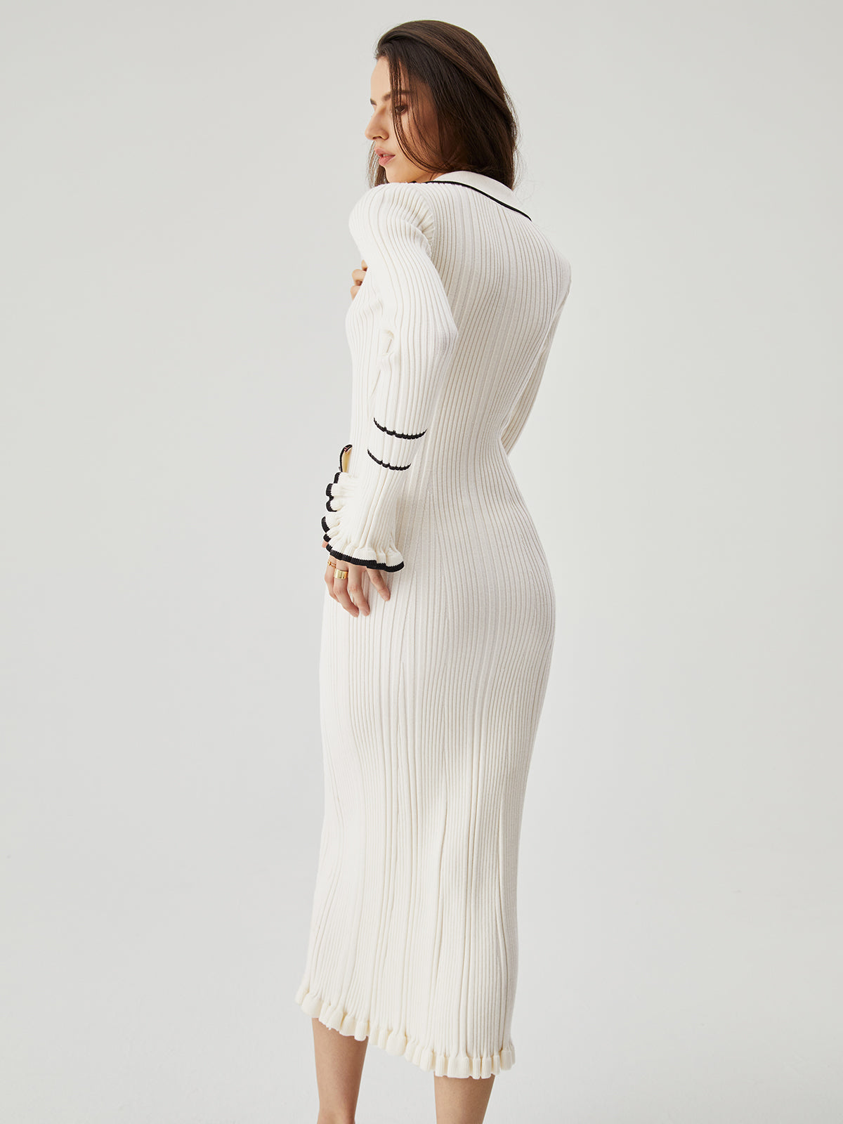 Ruffled Trim Contrast Binding Modern Button up Collar Midi Sweater Dress Sweaters L