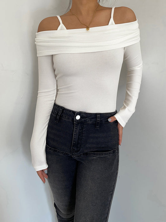 Overfold Cold Shoulder Long Modern Sleeve Ribbed Knit Top