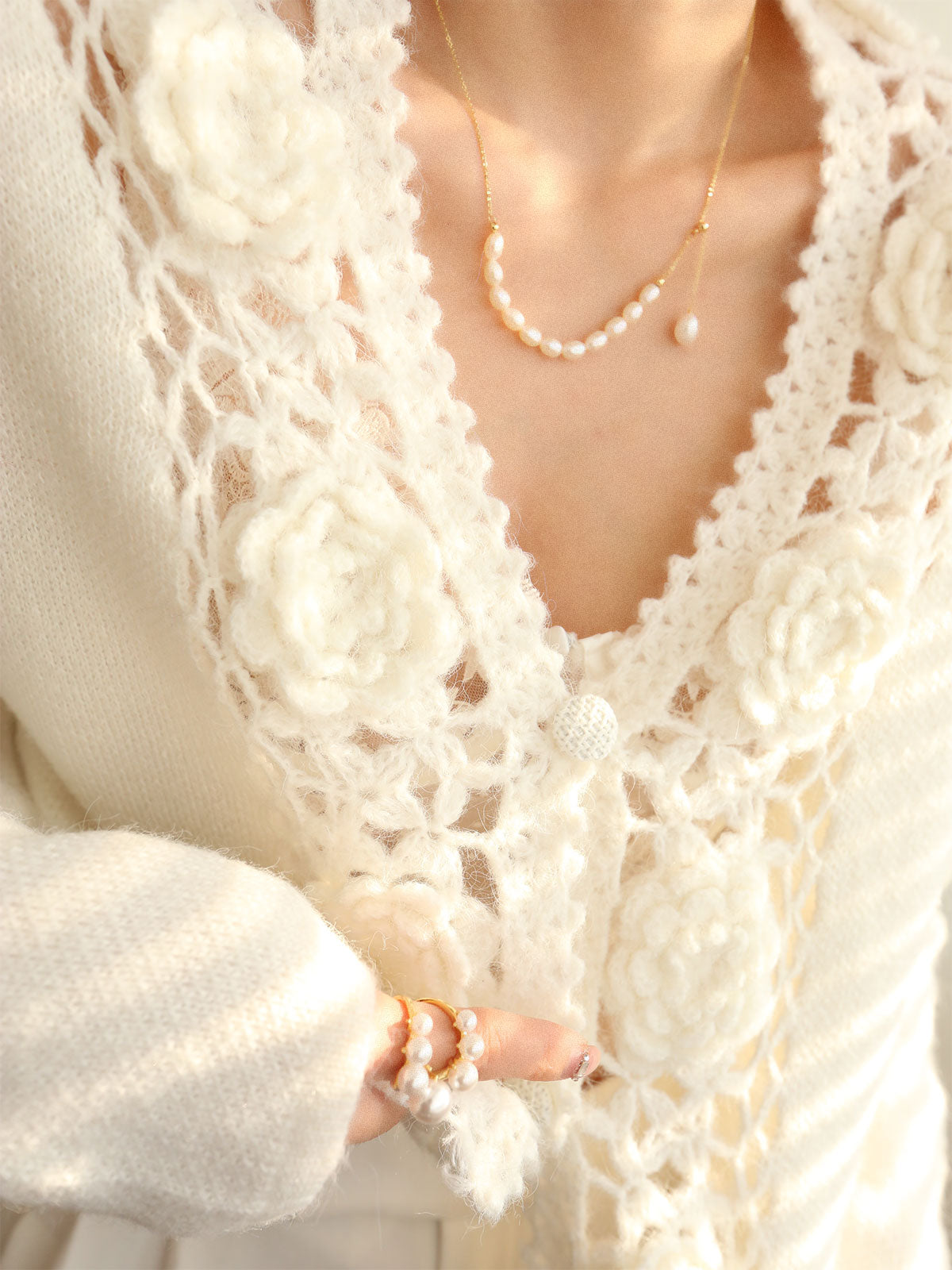 Knit Floral Crocheted Trendy Hollow V-neck Cardigan