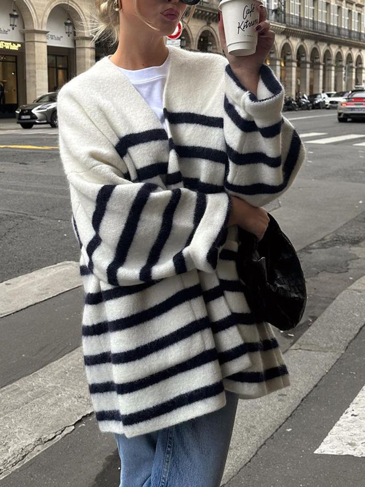 Knit Oversized Graceful Stripe Pocket Cardigan