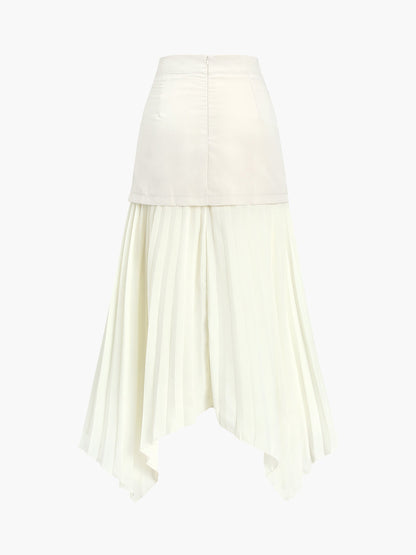 Patchwork Asymmetrical Pleated Trendy Buttoned Midi Skirt