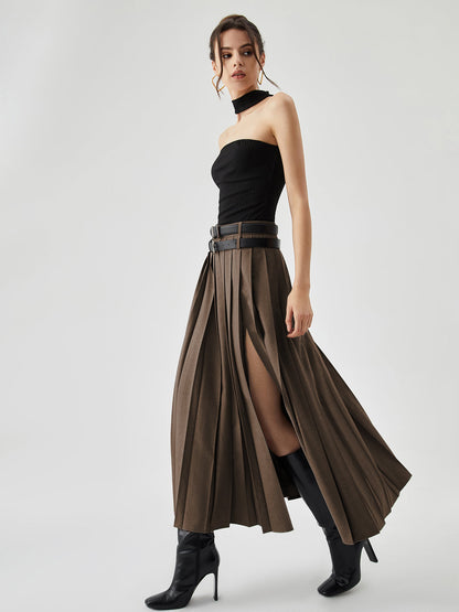 Pleated Split Maxi Trendy Skirt Without Belt