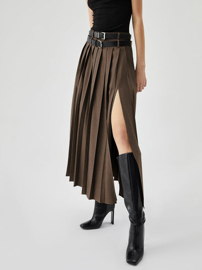 Pleated Split Maxi Trendy Skirt Without Belt