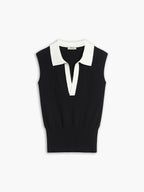 Contrast Trim Collar Trendy V neck Knit Sweater Vest Sweaters L
