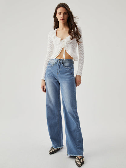 Semi-sheer Wavy Ruffled Trendy Trim Tied Crop Blouse