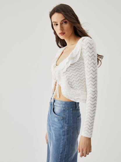 Semi-sheer Wavy Ruffled Trendy Trim Tied Crop Blouse