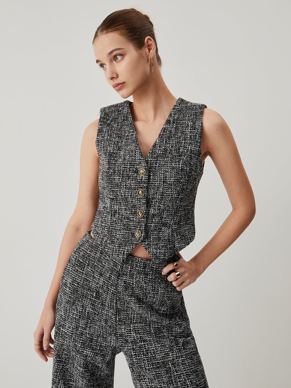 Tweed Metallic Graceful Button Vest Black / XS Vests Main image