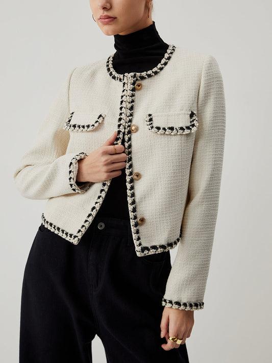 Old Money Tweed Contrast Modern Trim Metallic Button Jacket