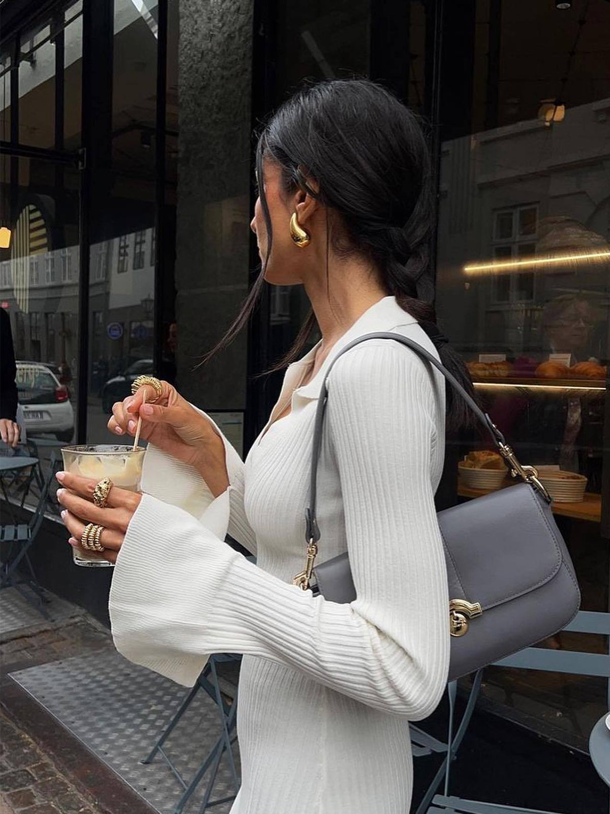 Ribbed Knit Long Sleeve Modern V-neck Collar Long Dress Secondary image