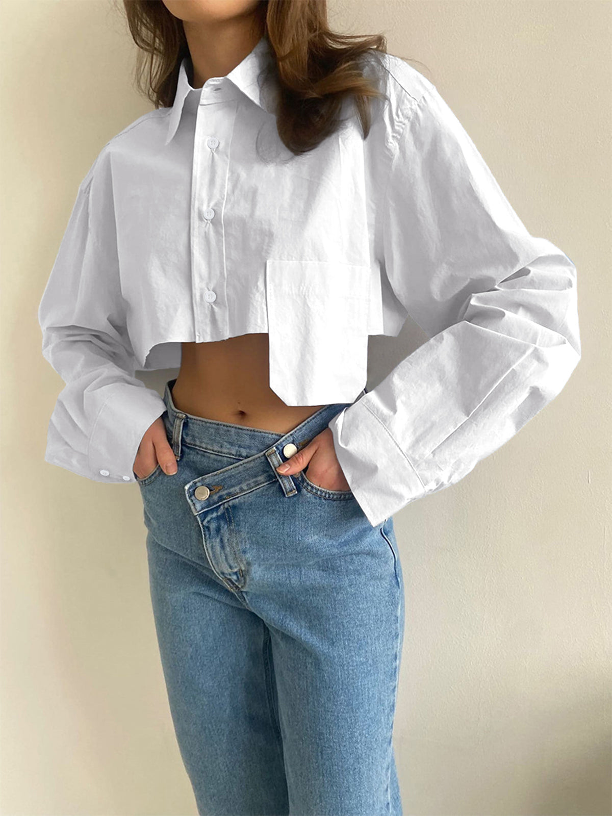 Asymmetrical Pocket Button Trendy Collar Crop Shirt Secondary image