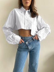 Asymmetrical Pocket Button Trendy Collar Crop Shirt White / XS Shirts