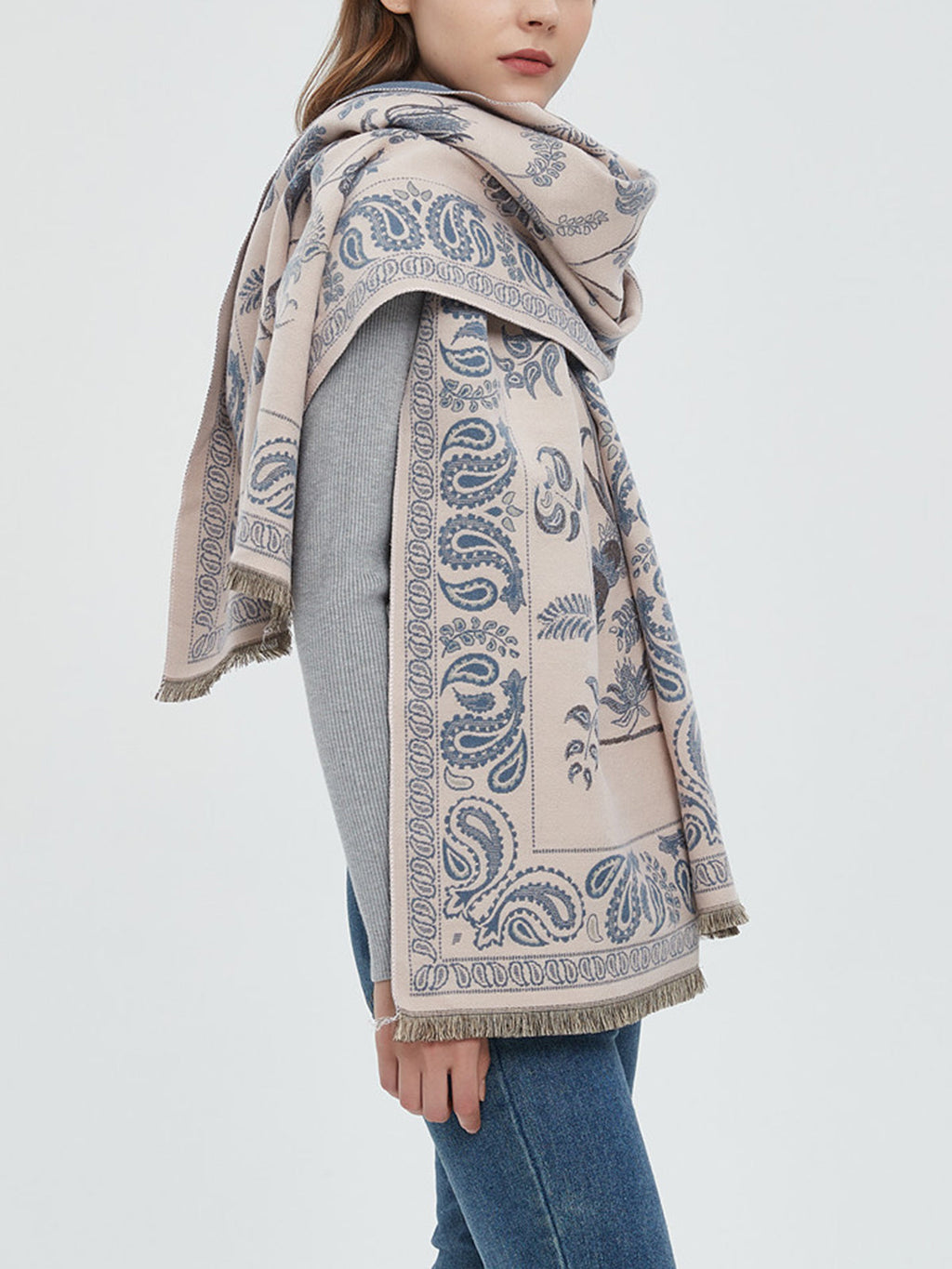 Winter Warm Toile Trendy De Jouy Tassel Scarf LightBlue / One Size Scarves