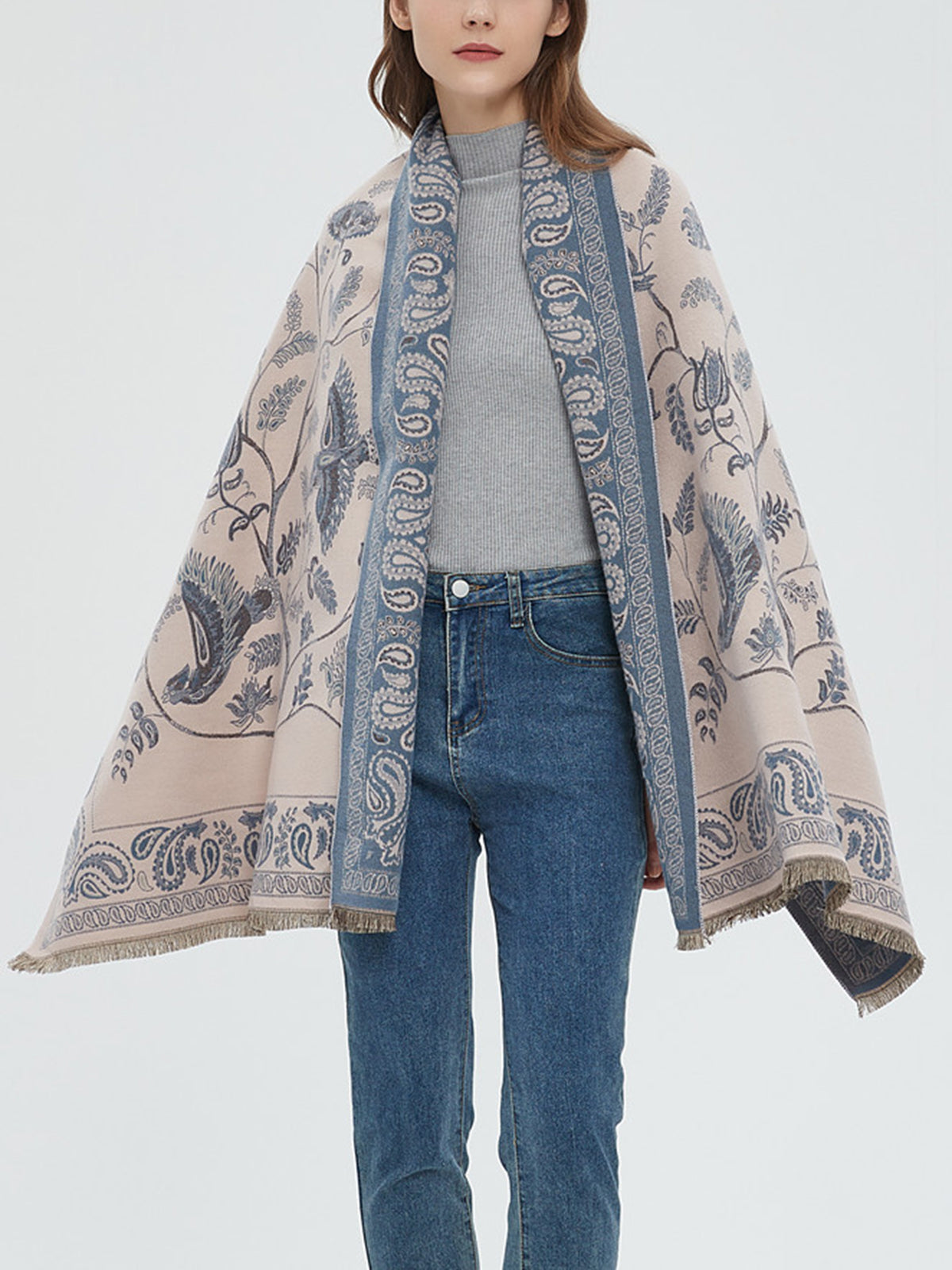 Winter Warm Toile Trendy De Jouy Tassel Scarf LightBlue / One Size Scarves