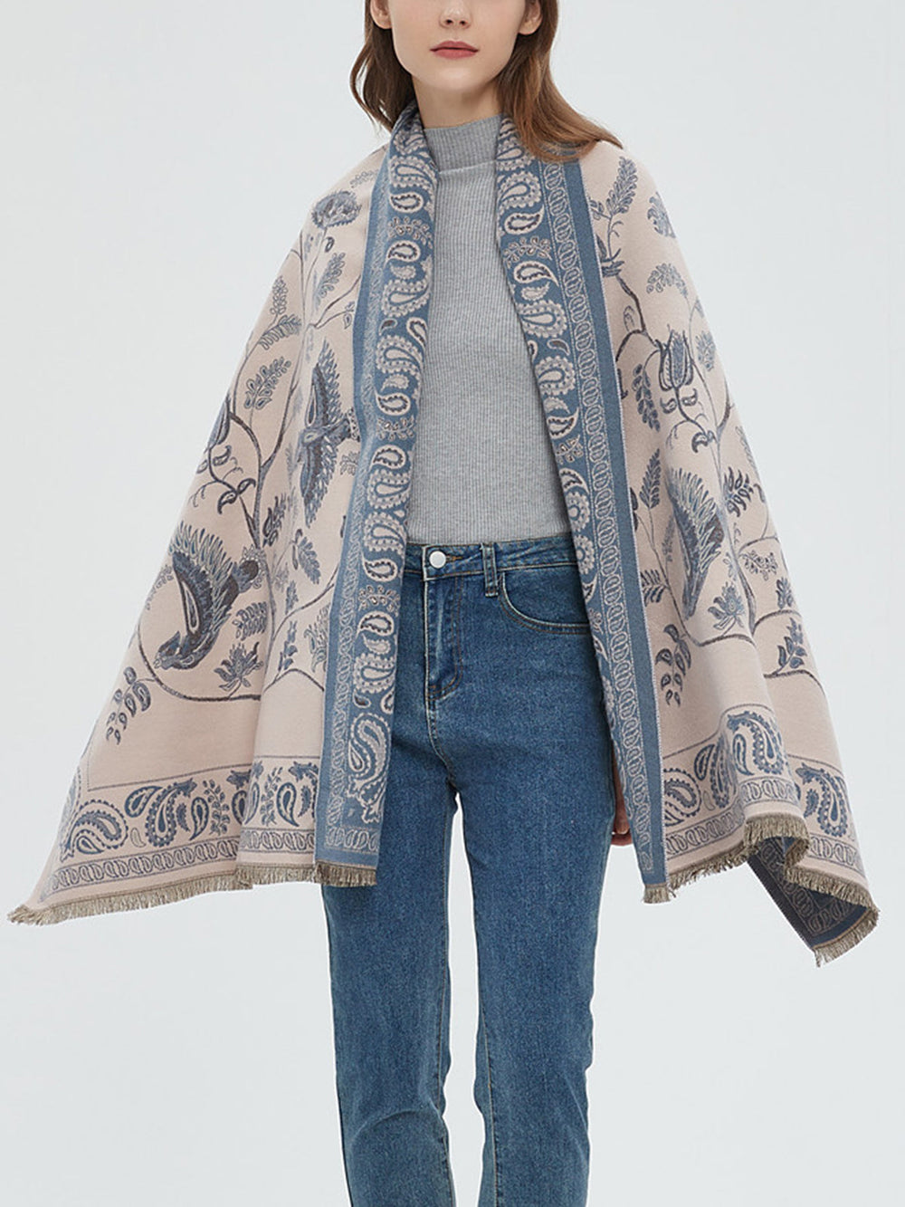 Winter Warm Toile Trendy De Jouy Tassel Scarf LightBlue / One Size Scarves
