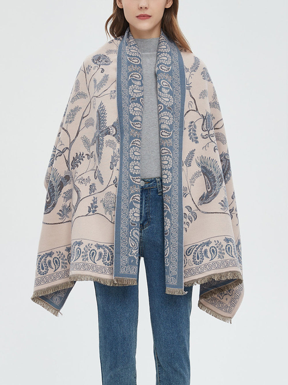 Winter Warm Toile Trendy De Jouy Tassel Scarf LightBlue / One Size Scarves